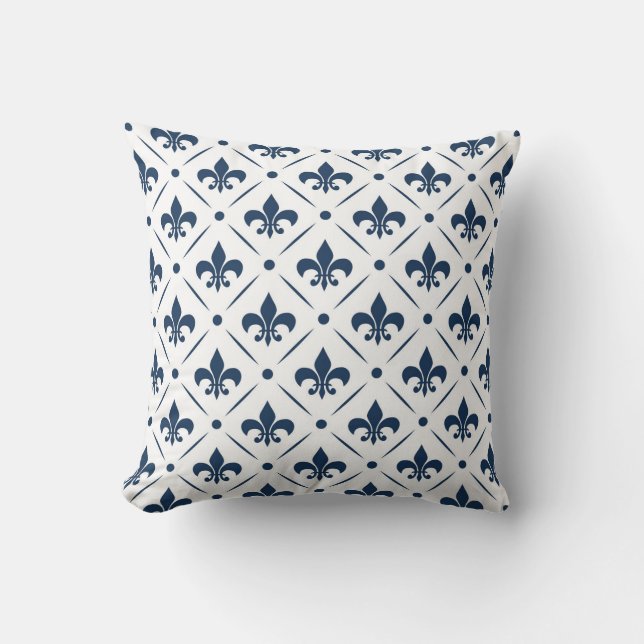Dark blue Fleur De Lis pattern on white background Throw Pillow (Front)