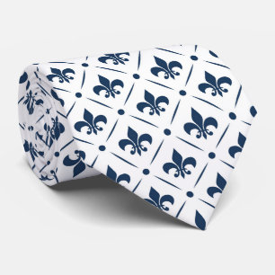 Dark blue Fleur De Lis pattern on white background Tie