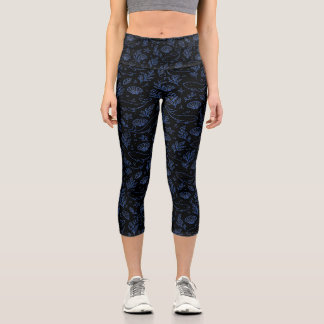 Dark Blue Floral Botanical Pattern Elegant Nature Capri Leggings