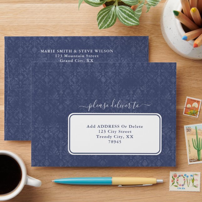 Dark Blue Floral Damask Pattern - Custom Envelopes (Desk)