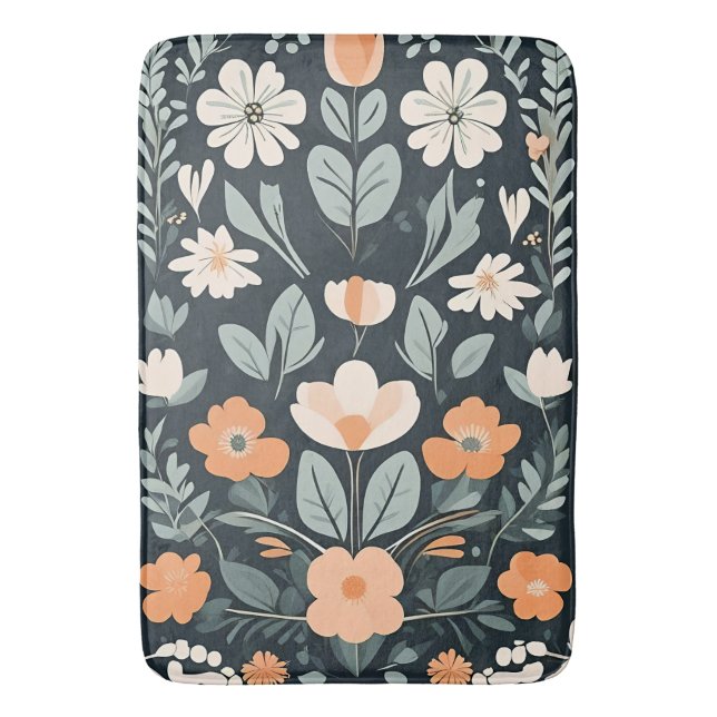 Dark Blue Floral Folk Bath Mat (Front Vertical)