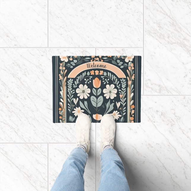 Dark Blue Floral Folk Doormat (Indoor)