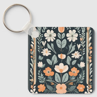 Dark Blue Floral Folk Keychain