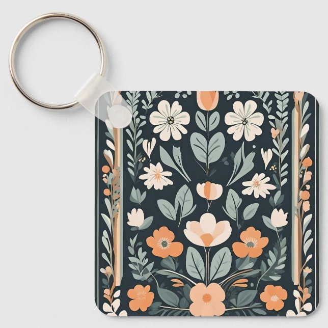Dark Blue Floral Folk Keychain (Front)