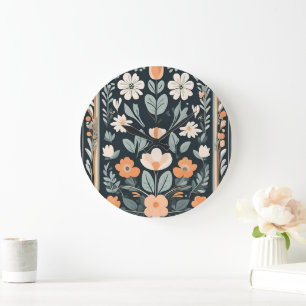 Dark Blue Floral Folk Large Clock