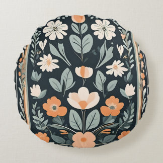 Dark Blue Floral Folk Round Pillow