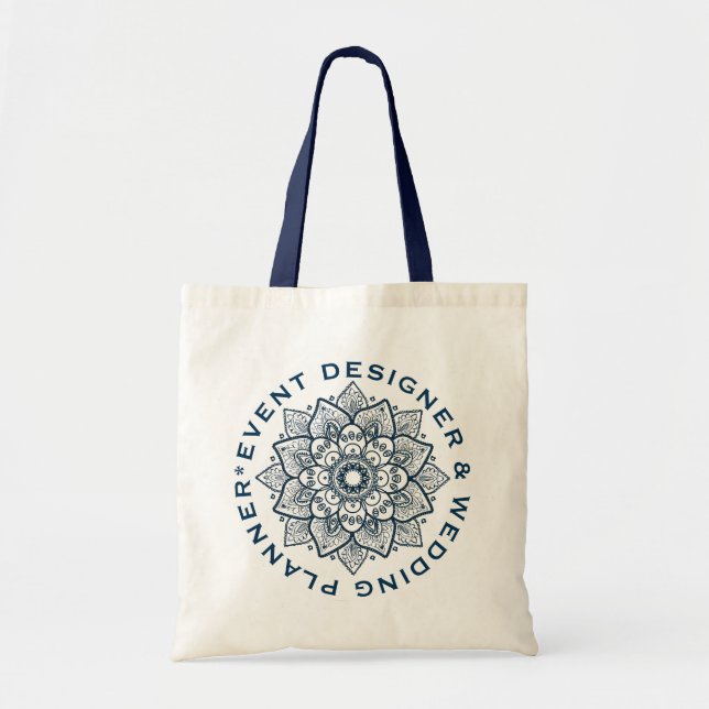 Dark Blue Floral Mandala Custom Text Tote Bag (Front)