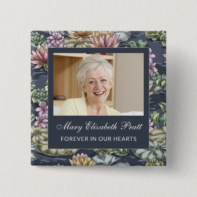 Dark Blue Floral Photo Funeral  2 Inch Square Button (Front)