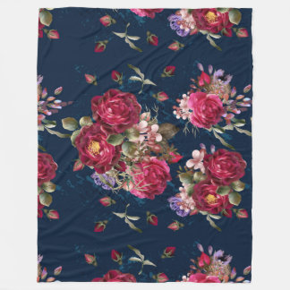 Dark Blue Floral Rose Fleece Blanket