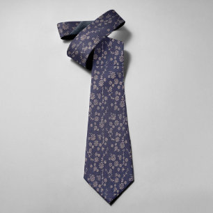 Dark Blue Floral Vintage Flower Printed Wedding Tie