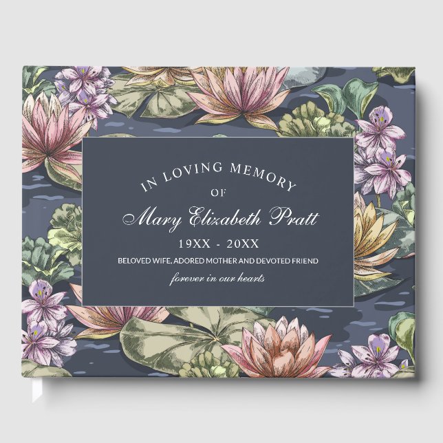 Dark Blue Floral Water Lily Garden Funeral Guest Book (Front)