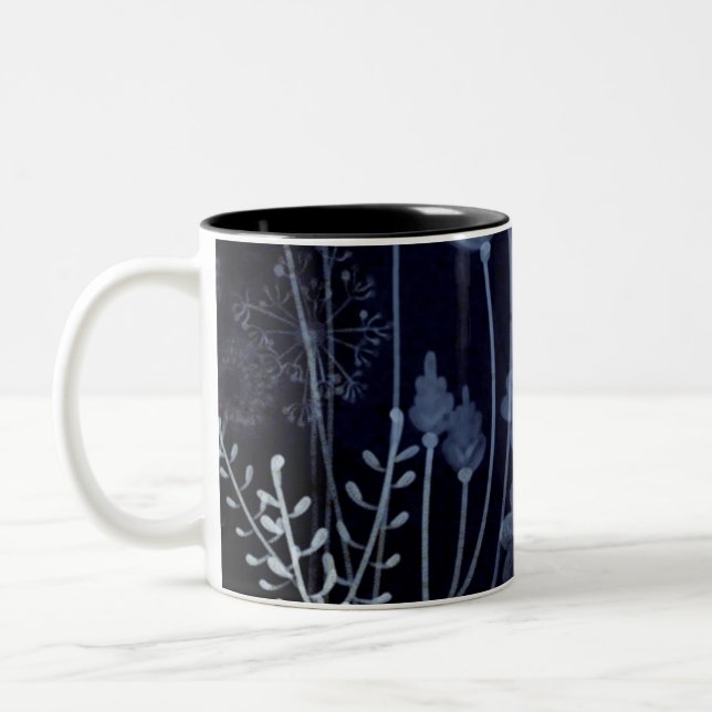 Dark Blue Flower Pattern  Two-Tone Coffee Mug (Left)