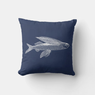 Dark Blue Flying Fish Throw Pillow