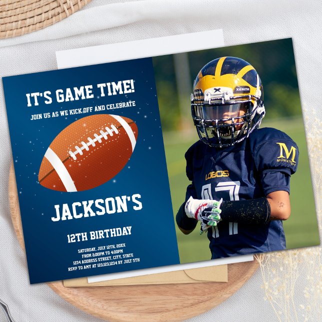 Dark Blue Football Birthday Invitations with photo (Dark Blue Football Birthday Invitations with photo)