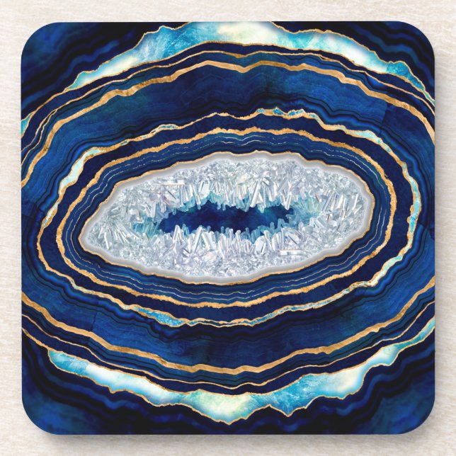 Dark Blue Geode and Gold Digital Art Coaster (Front)
