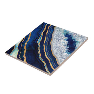 Dark Blue Geode and Gold Digital Art Tile
