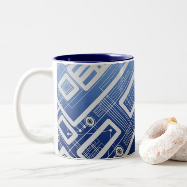 Dark Blue Geometric Circuit Board Two-Tone Coffee Mug (With Donut)