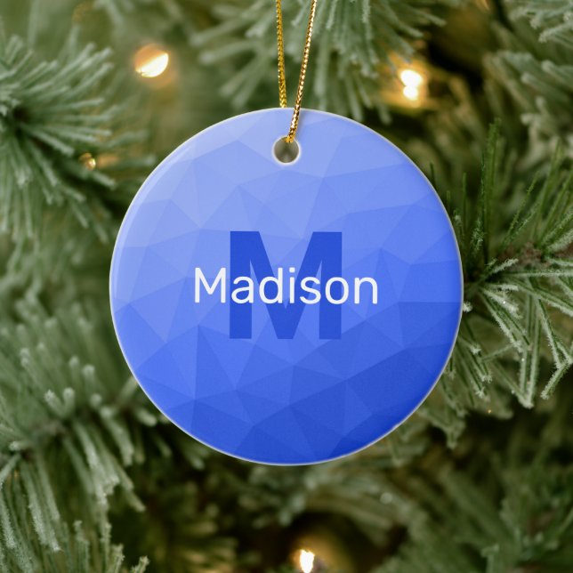 Dark blue geometric mesh pattern Monogram Ceramic Ornament (Tree)