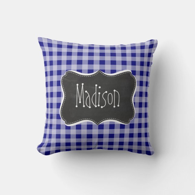Dark Blue Gingham; Vintage Chalkboard look Throw Pillow (Front)