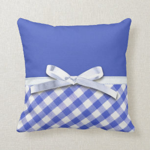 Dark blue gingham with white ribbon bow graphic throw pillow