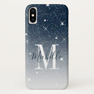 Dark Blue Glitter Sparkles Monogram Script Name Case-Mate iPhone Case