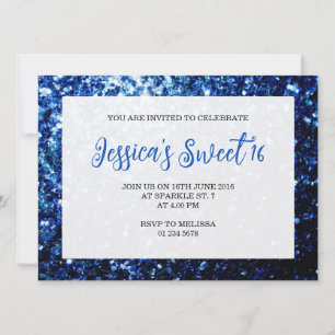 Dark blue glitter sparkles Sweet 16 elegant script Invitation