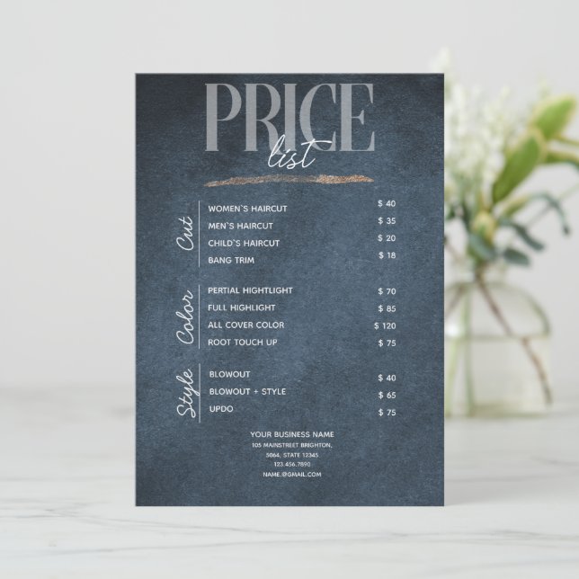  Dark Blue Gold Beauty Salon Price List Rack Card (Standing Front)