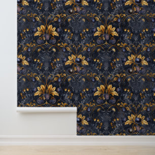 Dark Blue Gold Berries Royal Damask Golden Leaves Wallpaper
