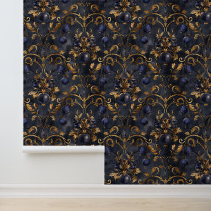 Dark Blue Gold Berries Royal Damask Golden Leaves Wallpaper