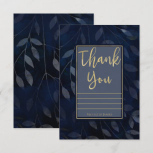 Dark Blue Gold Botanical Leaves Modern Thank You Invitation