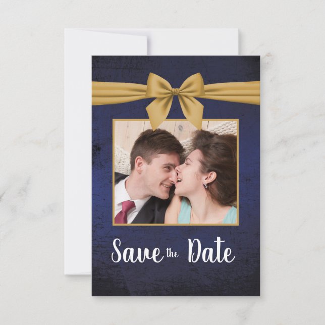 Dark Blue Gold Bow Save The Date (Front)