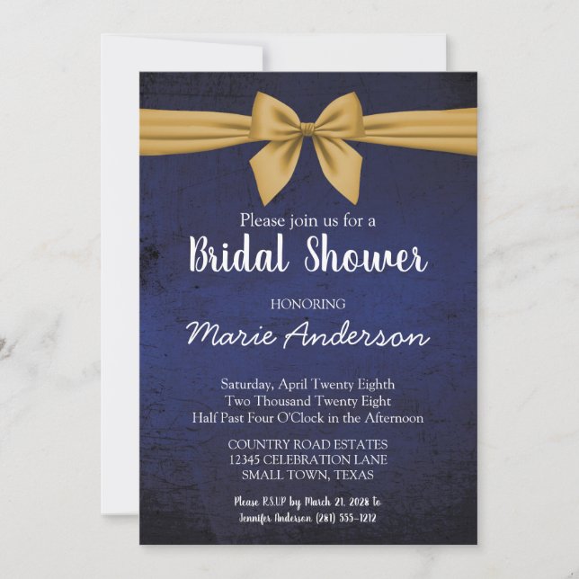 Dark Blue Gold Bow Shower Invitation (Front)