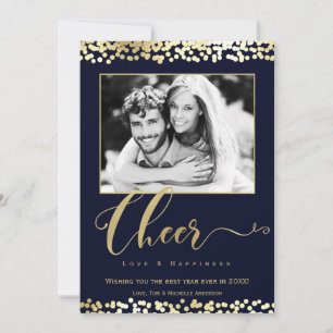 Dark Blue & Gold CHEER Confetti New Years Photo Holiday Card
