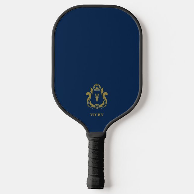 Dark Blue Gold Crest V Monogram Pickleball Paddle (Back)