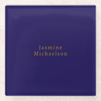 Dark Blue & Gold Cute Minimalist Own Name Glass Coaster