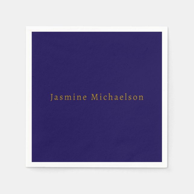 Dark Blue & Gold Cute Minimalist Own Name Napkin (Front)