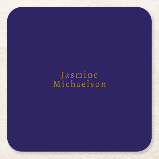 Dark Blue & Gold Cute Minimalist Own Name Square Paper Coaster