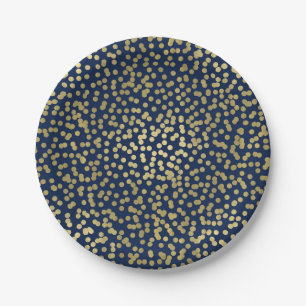 Dark Blue & Gold Dots Confetti Elegant Glam Paper Plate