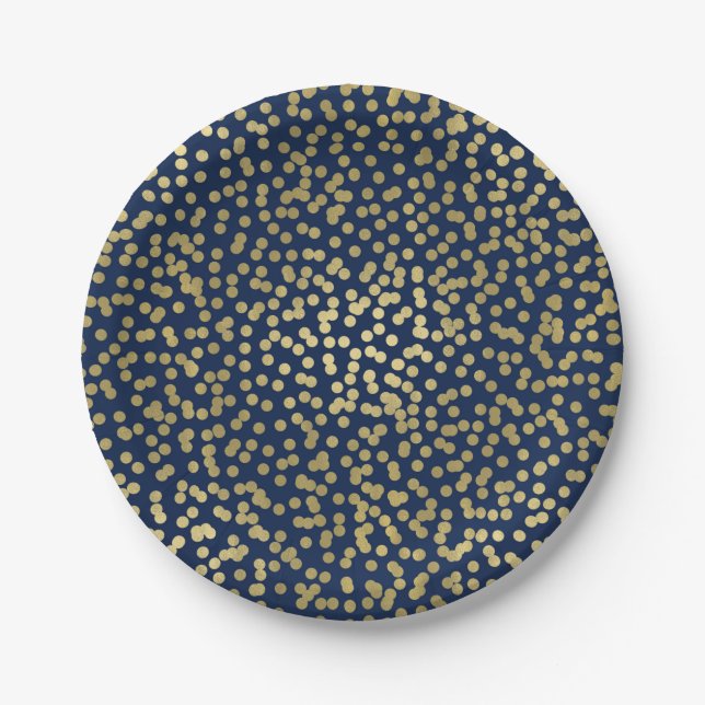Dark Blue & Gold Dots Confetti Elegant Glam Paper Plate (Front)