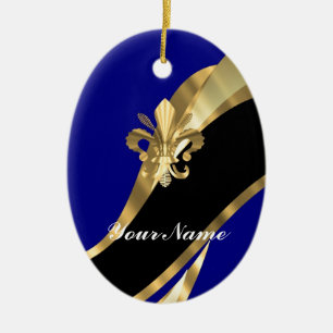 Dark blue & gold fleur de lys ceramic ornament