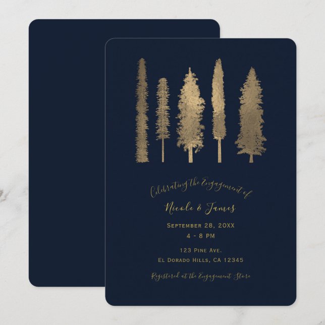 Dark Blue & Gold Forest Woodsy Trees Engagement Invitation (Front/Back)