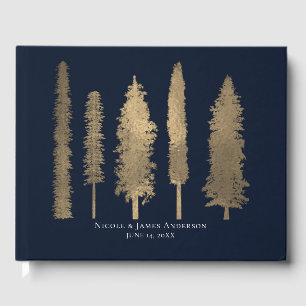 Dark Blue & Gold Forest Woodsy Trees Wedding Guest Book