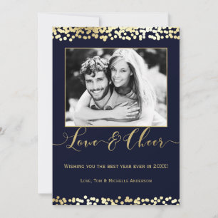 Dark Blue & Gold LOVE & CHEER New Years Photo Holiday Card