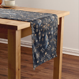 Dark Blue Gold Ornaments Christmas Pattern Short Table Runner