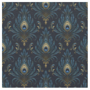 Dark Blue & Gold Peacock Feather Motifs Fabric