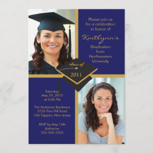 DARK Blue & Gold Photo Graduation Invitation
