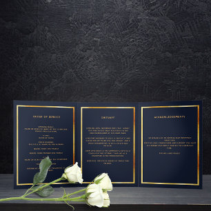 Dark blue gold photo tri-fold funeral program announcement