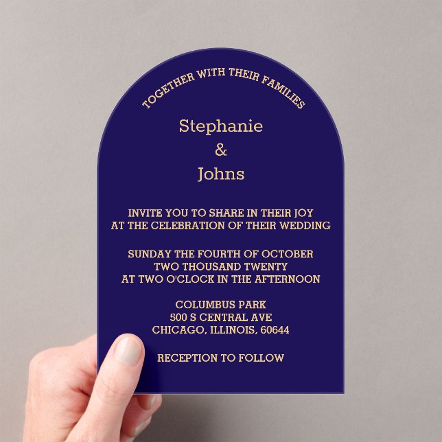 Dark Blue Gold Script Minimalist Modern Wedding Acrylic Invitations (Insitu (Handheld))
