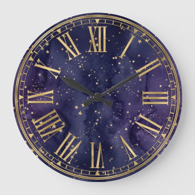 Dark Blue & Gold Stars Fantasy Wizardry Pattern Large Clock (Front)