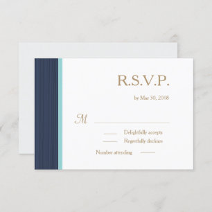 Dark blue gold white subtle stripes wedding RSVP Invitation